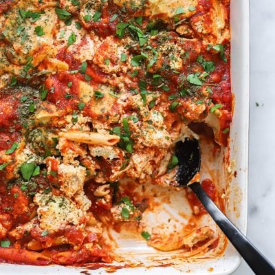 vegan baked ziti in pan close up