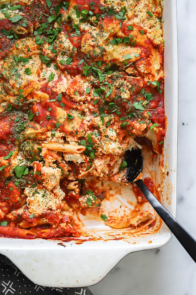 vegan baked ziti in dish close up