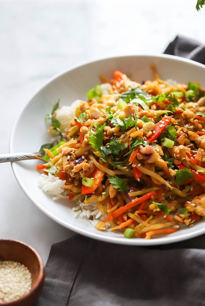 vegan egg roll in a bowl with a fork.