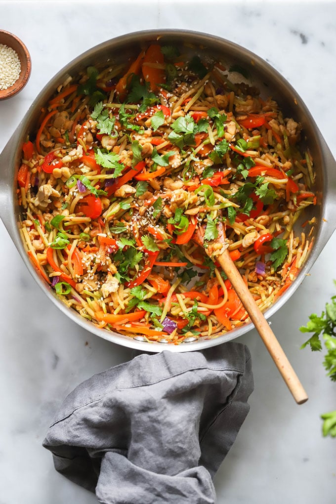 vegan egg roll in a bowl in a skillet.