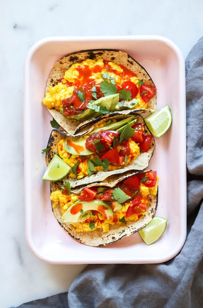 easy vegan breakfast tacos in pink tray