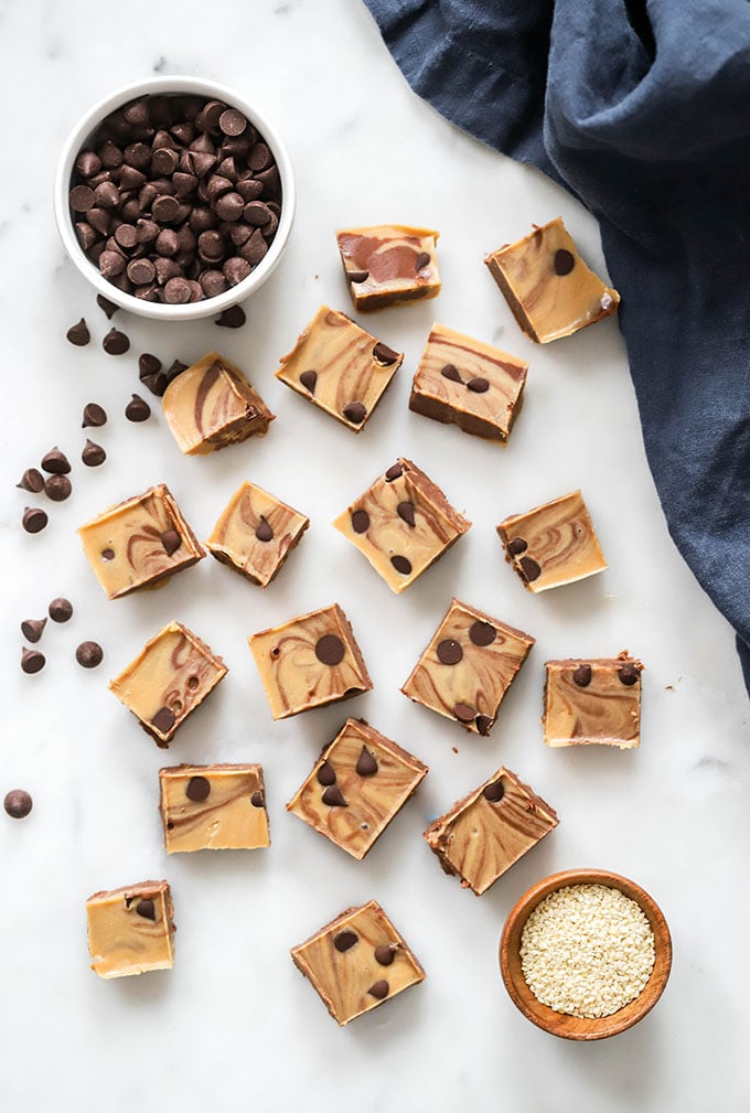 vegan chocolate tahini fudge on white background