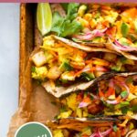 easy vegan breakfast tacos on a tray with text overlay.