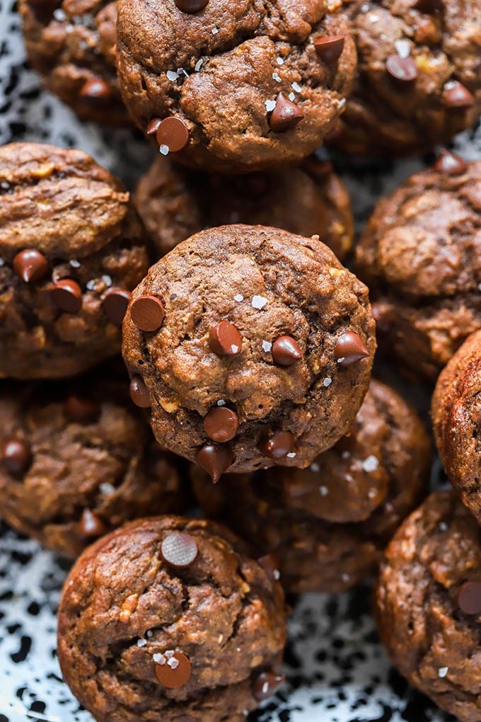 vegan double chocolate banana muffins in pan.