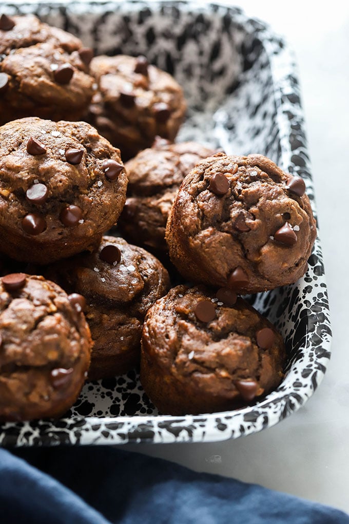 vegan double chocolate banana muffins in pan