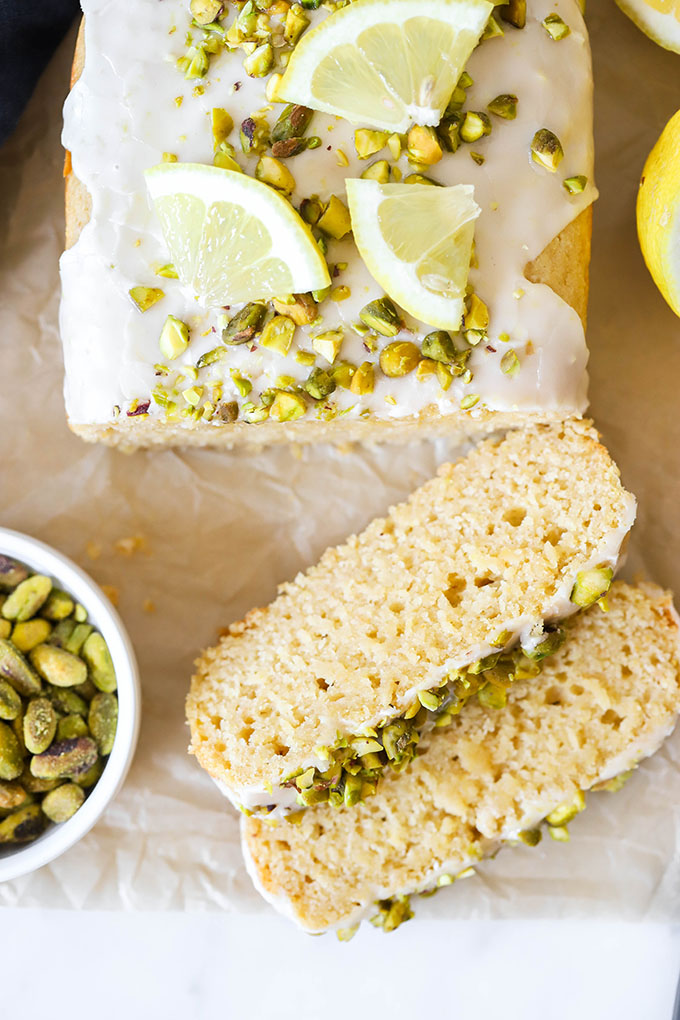 vegan lemon loaf with pistachios