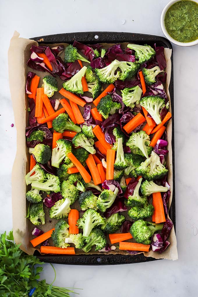 photo of colorful vegetables on a sheet pan.