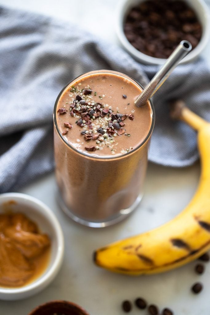 vegan peanut butter mocha smoothie in tall glass