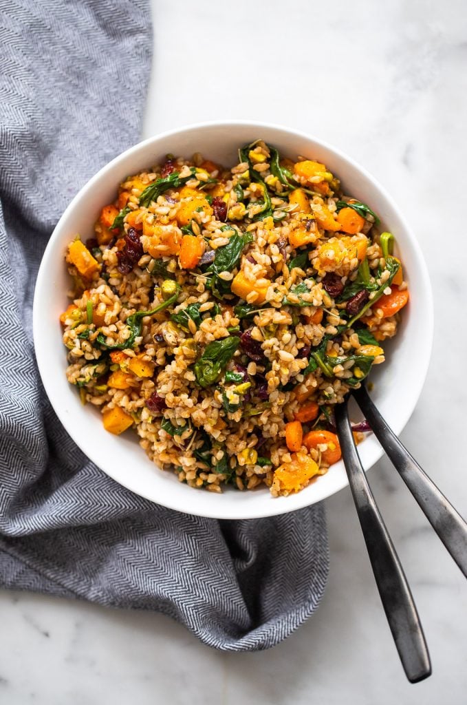 warm farro salad with roasted vegetables