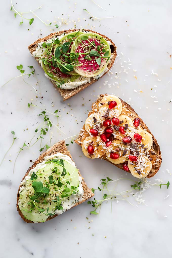 3 toast slices with cucumber, banana, watermelon radish