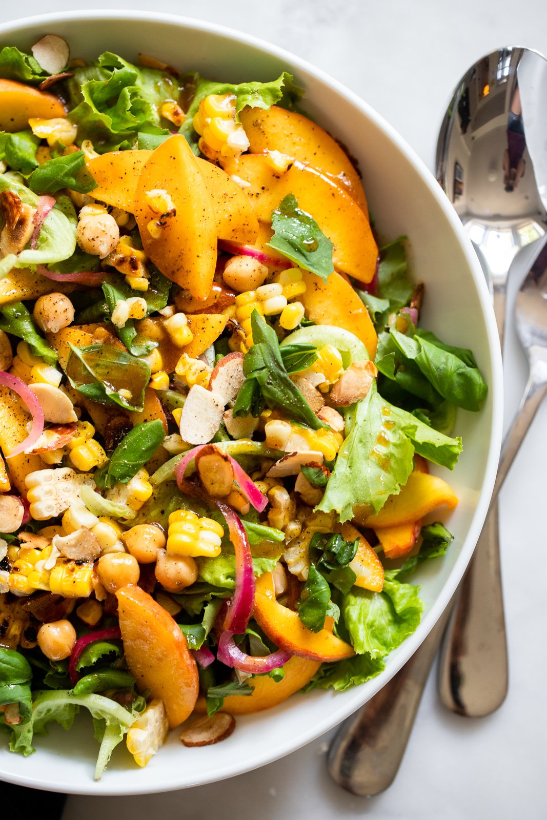 Summer Peach Salad with Corn, Almonds, and Chickpeas