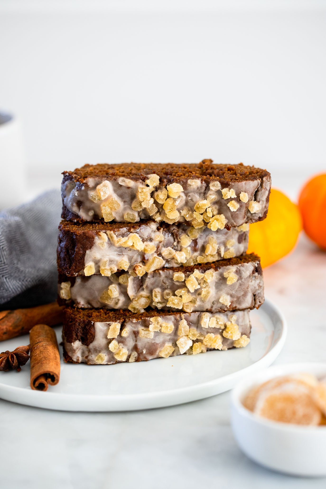 vegan pumpkin gingerbread garnished with chopped candied ginger.