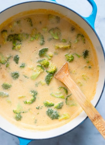 broccoli soup in dutch oven before partially blending the soup.