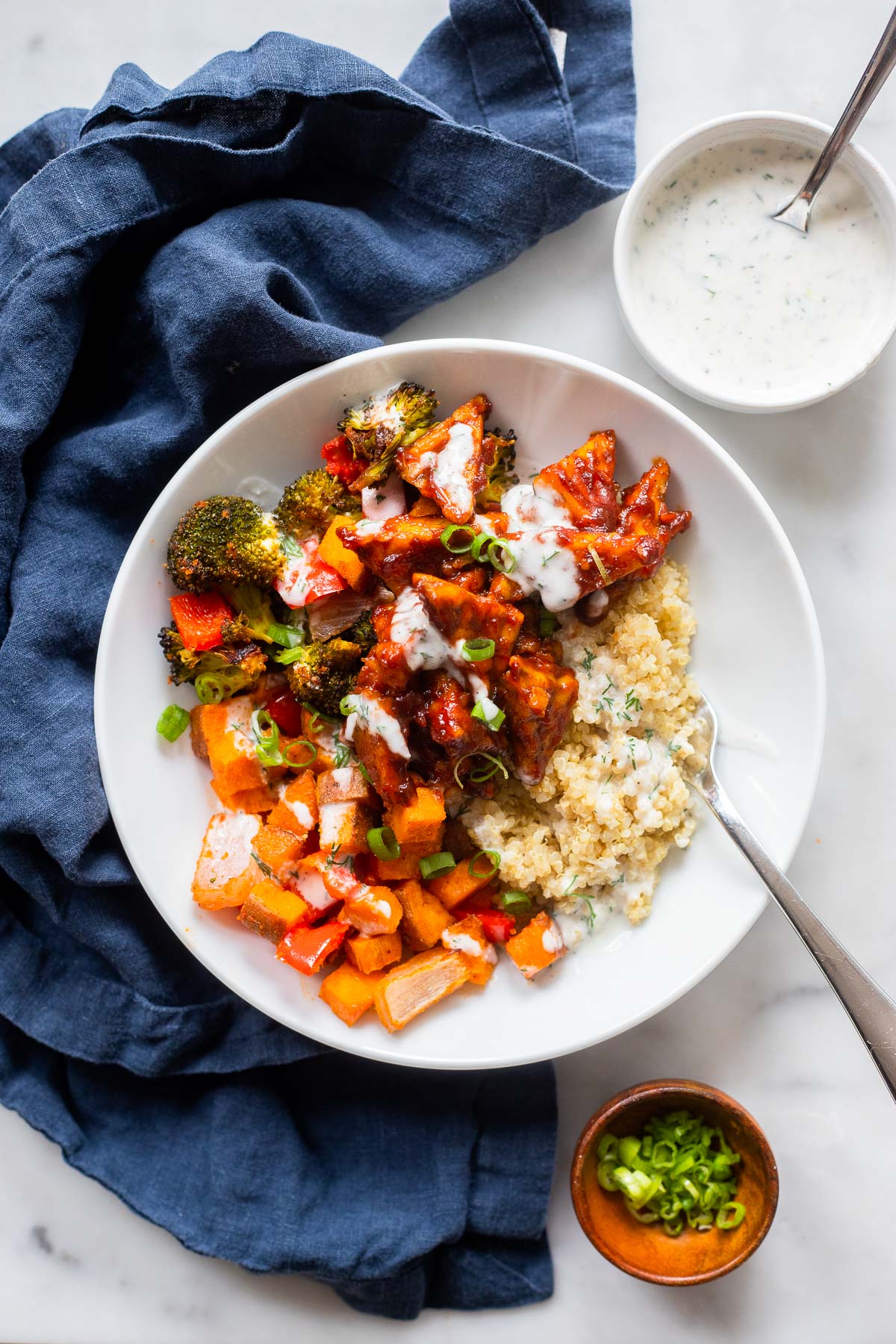 Weeknight Tempeh bowl with bbq sauce, ranch, broccoli, and quinoa