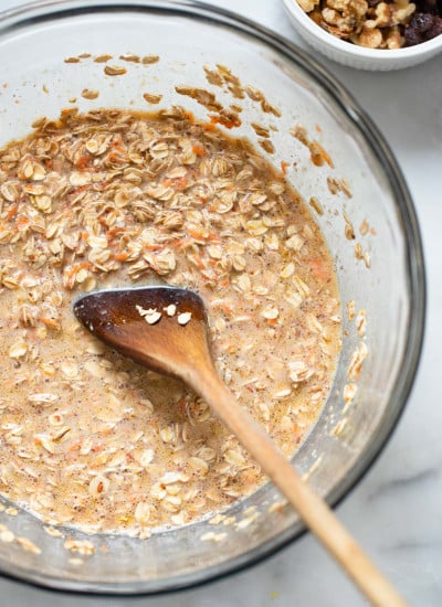 carrot cake baked oatmeal batter in mixing bowl.