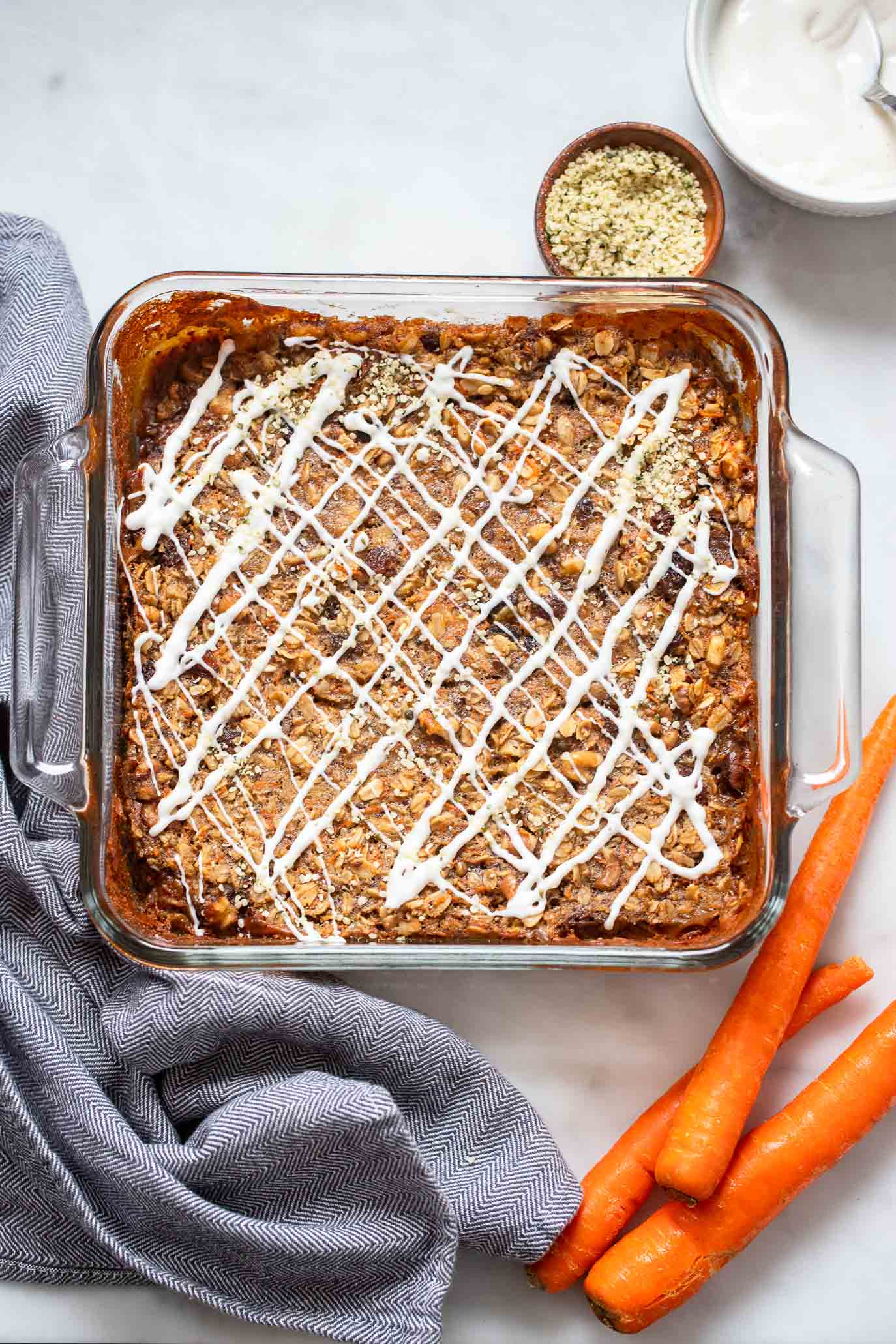 baked carrot cake baked oatmeal in glass dish