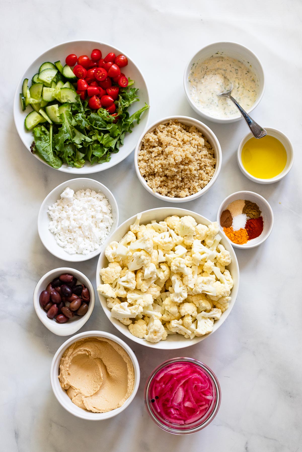 Shawarma cauliflower hummus bowls ingredient shot from above