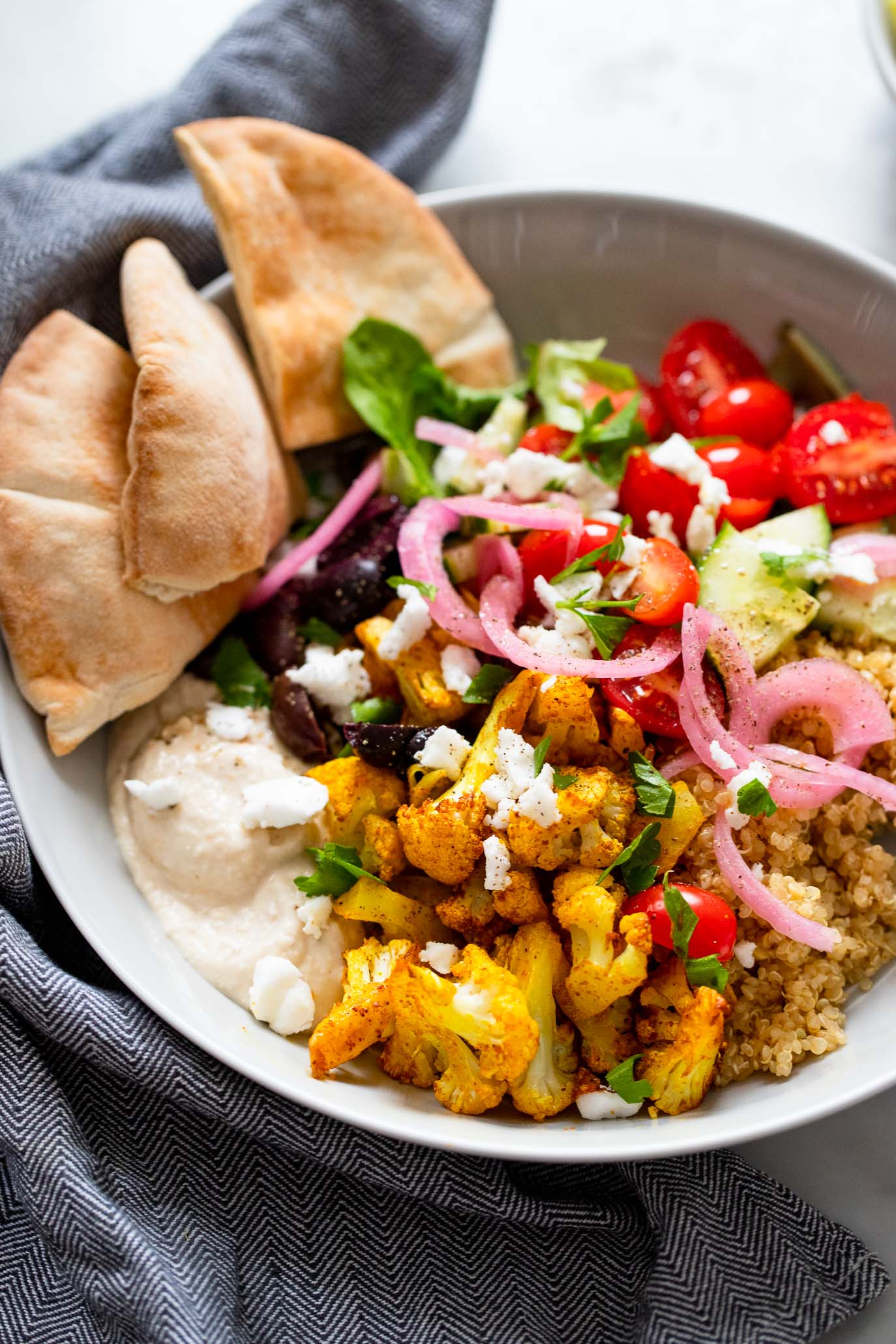 shawarma cauliflower hummus bowls close up shot