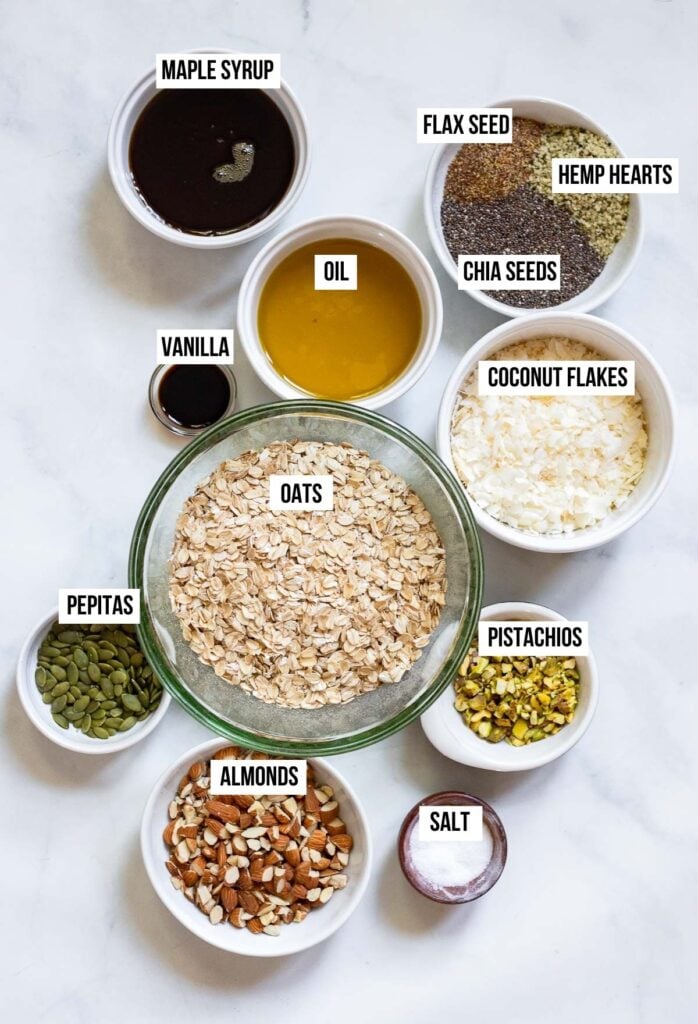 labelled granola ingredients.