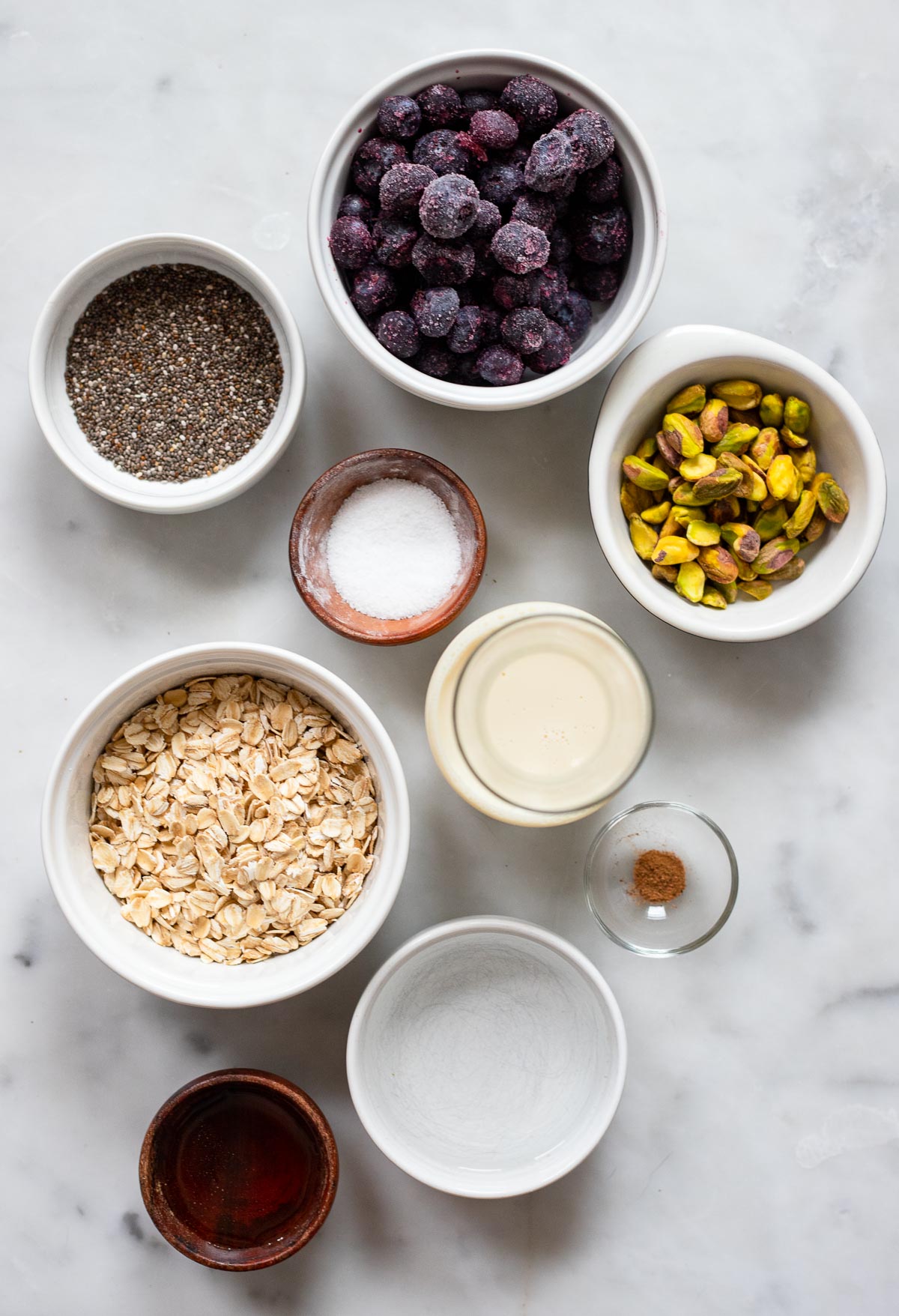 Blueberry Oatmeal Ingredients laid out in small bowls