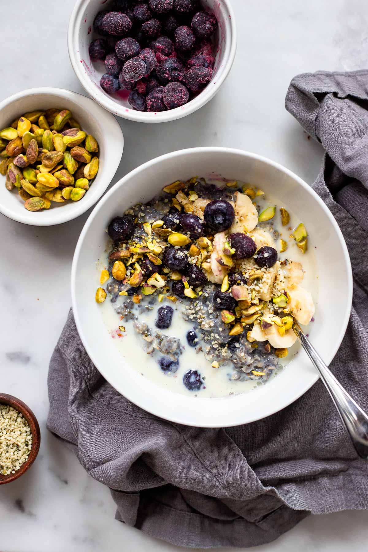 healthy Blueberry Oatmeal in bowl with spoon
