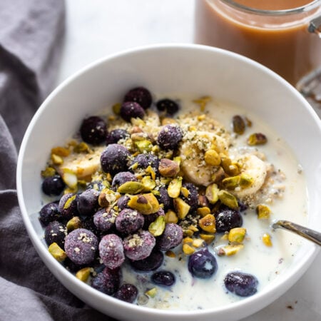 blueberry oatmeal in white bowl