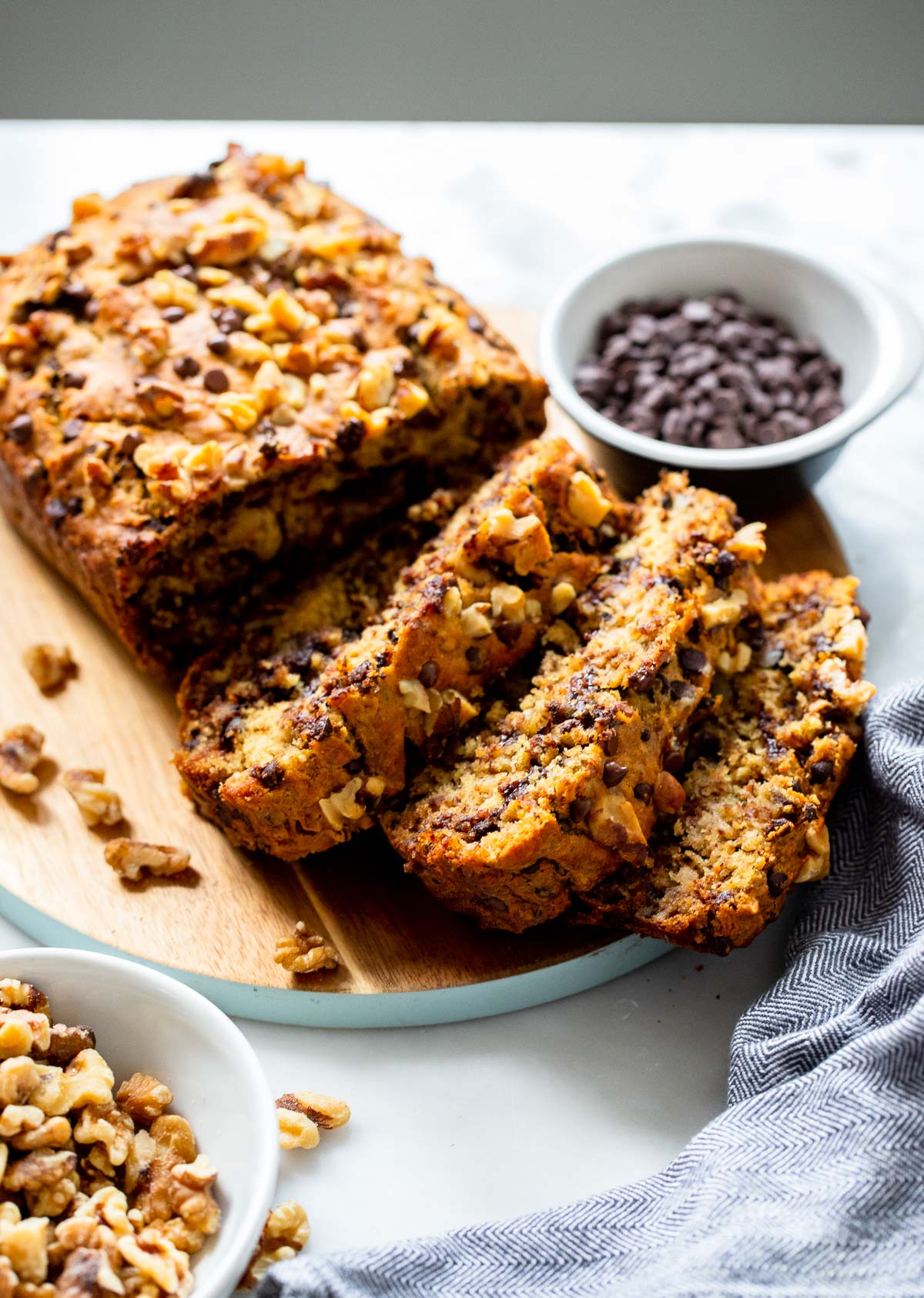 chocolate walnut banana bread sliced