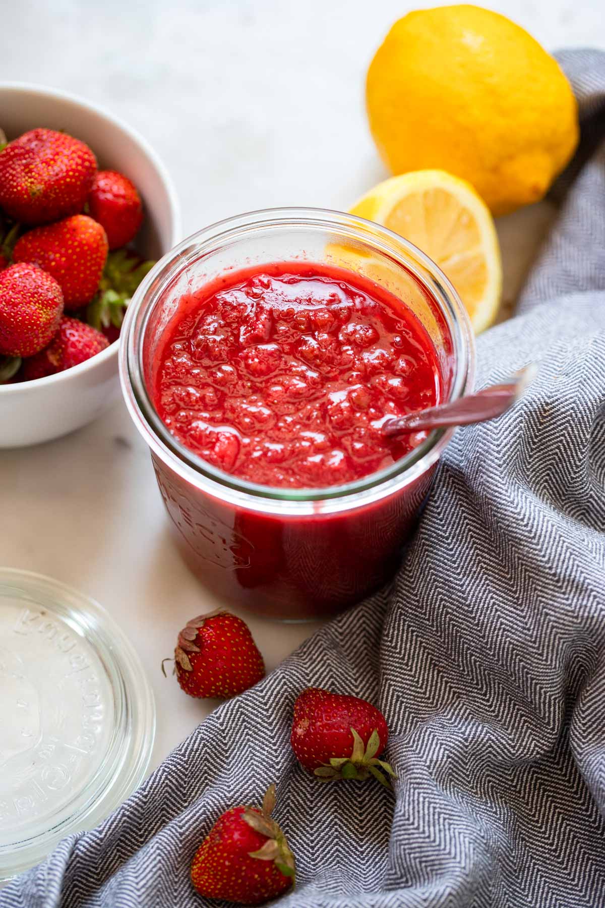 strawberry rhubarb compote in jar.