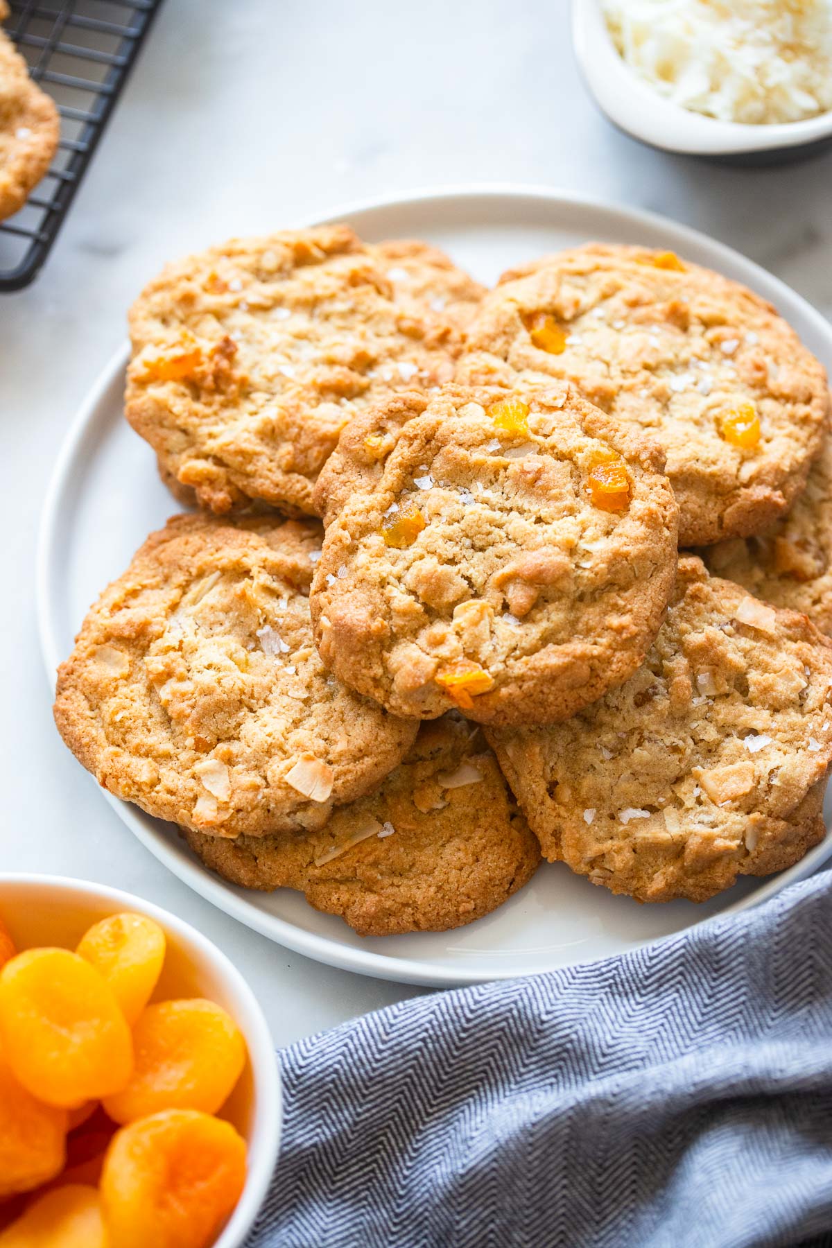 vegan coconut apricot cookies on plate.
