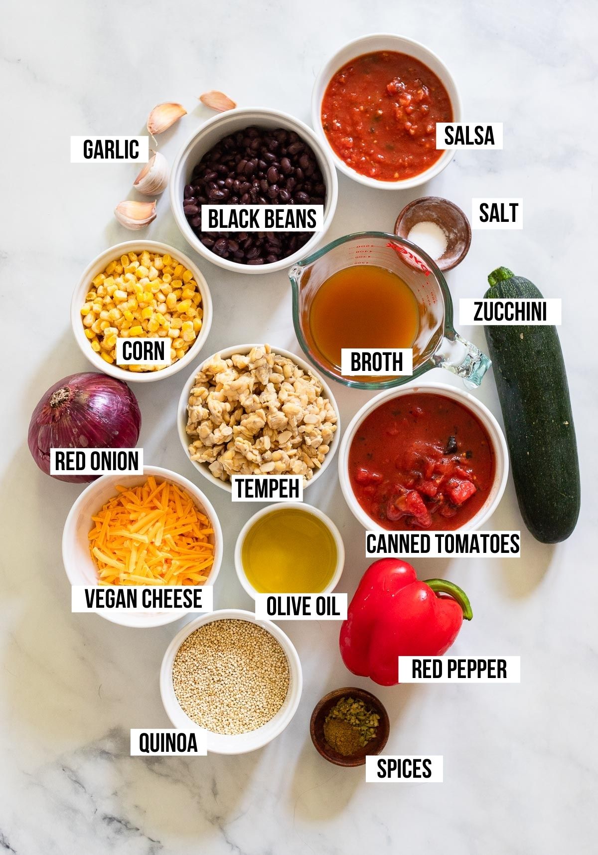 vegan taco skillet ingredients with labels.