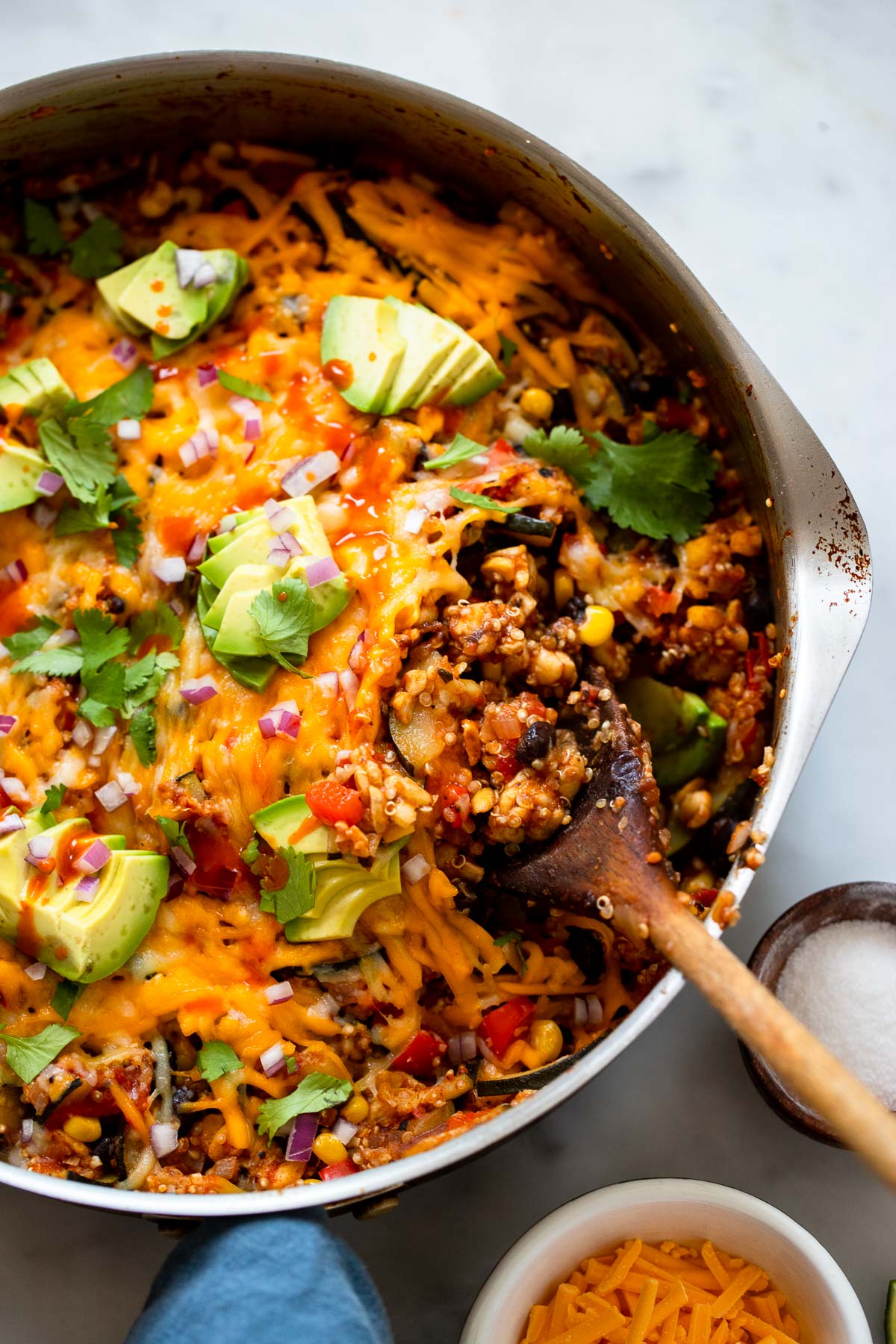 easy vegan taco skillet close up with wooden spoon.