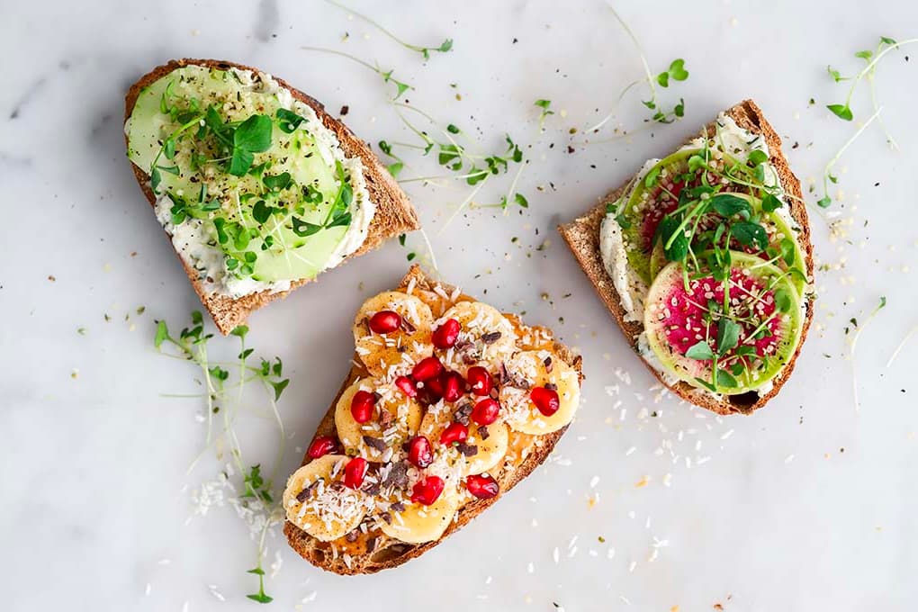 Healthy toast on marble background.