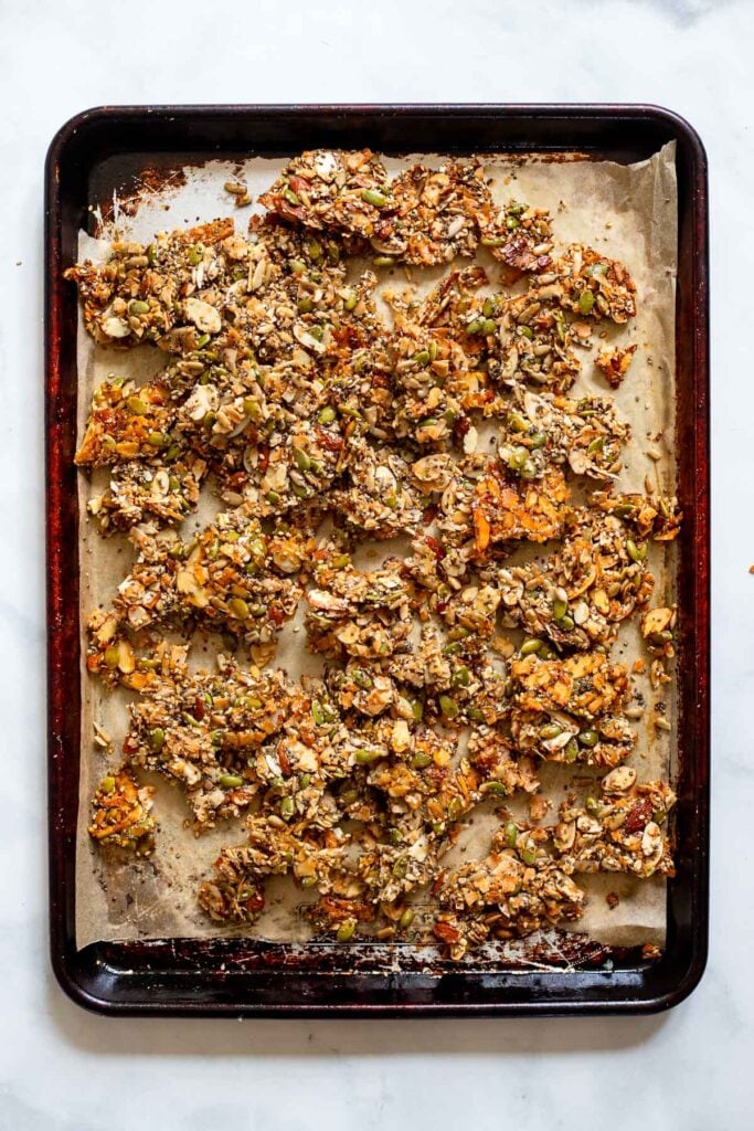 allow granola to cool completely on the pan before breaking apart for best results.