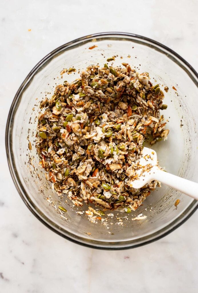 stir all the granola ingredients together in a large mixing bowl.