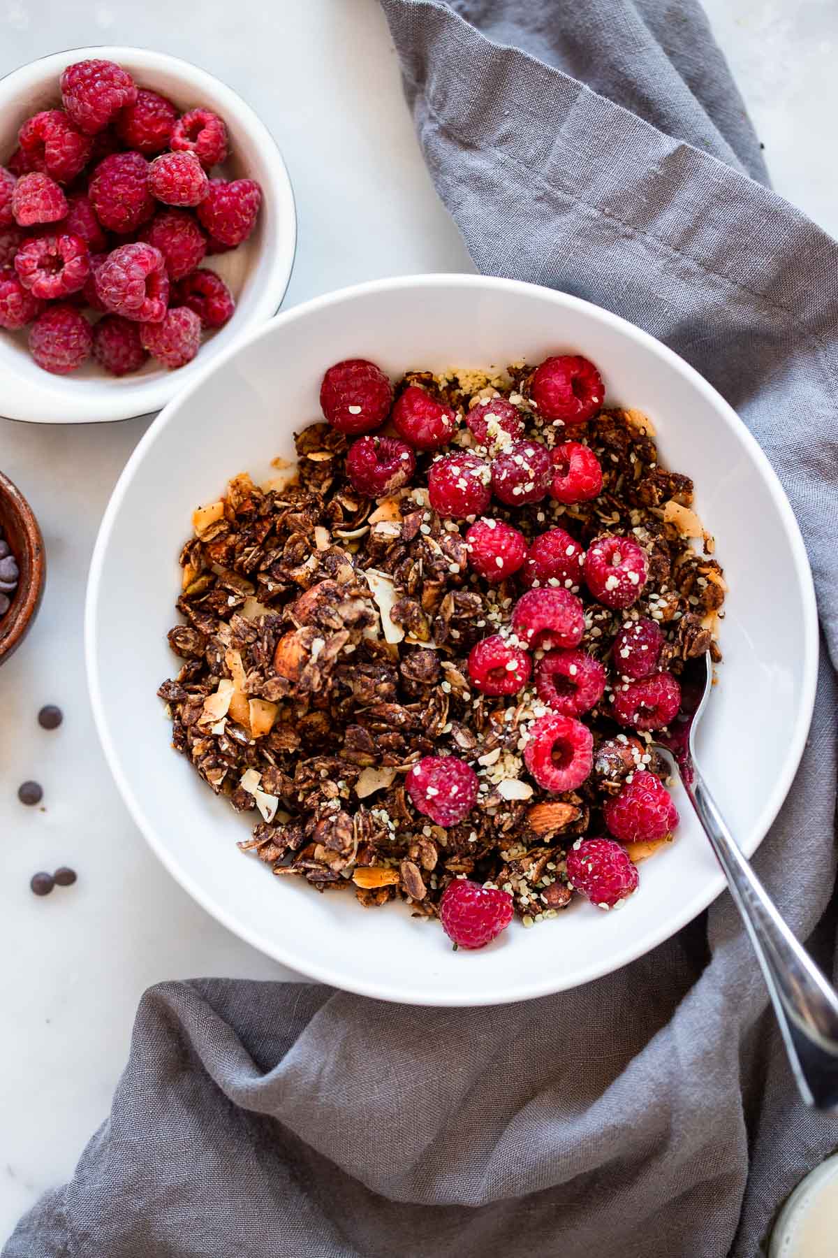 chocolate granola in bowl with fresh raspberries and soy milk.