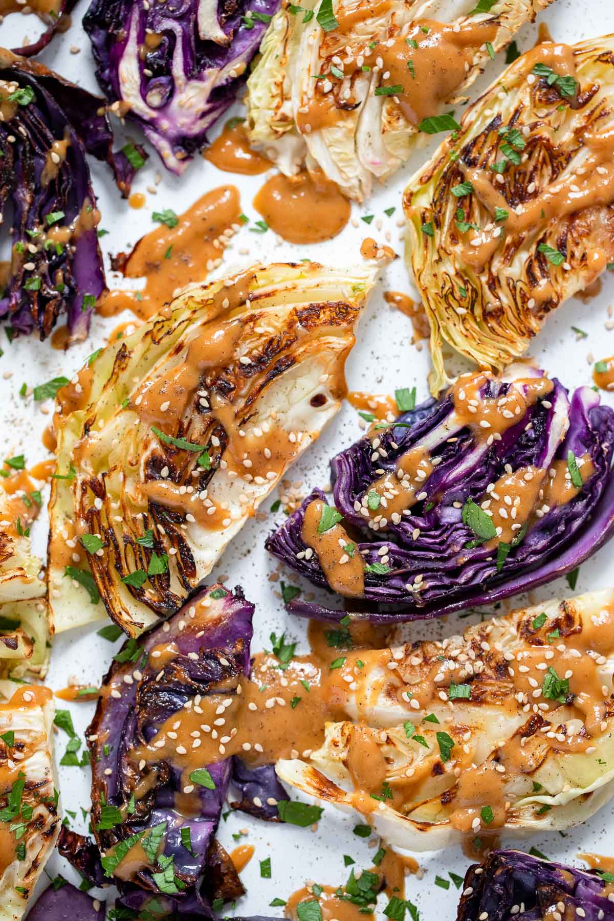 roasted cabbage with miso tahini dressing.