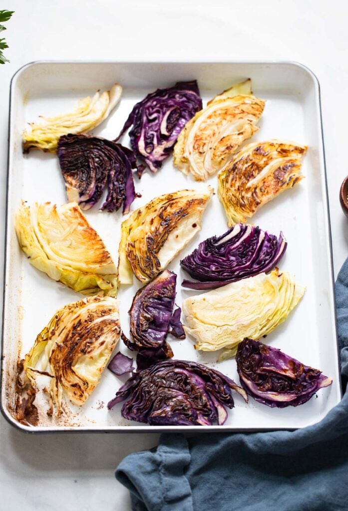 roasted cabbage on baking sheet.