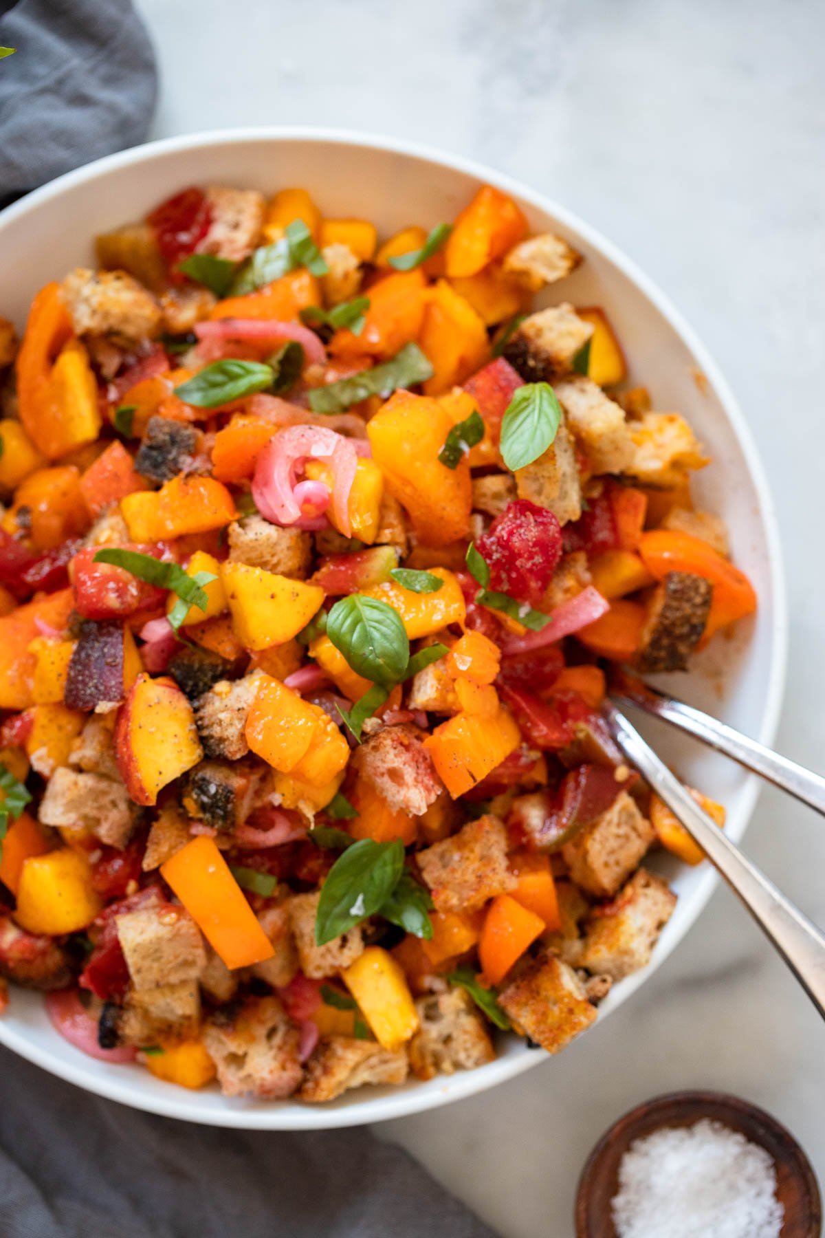 tomato Peach Panzanella Salad close up shot