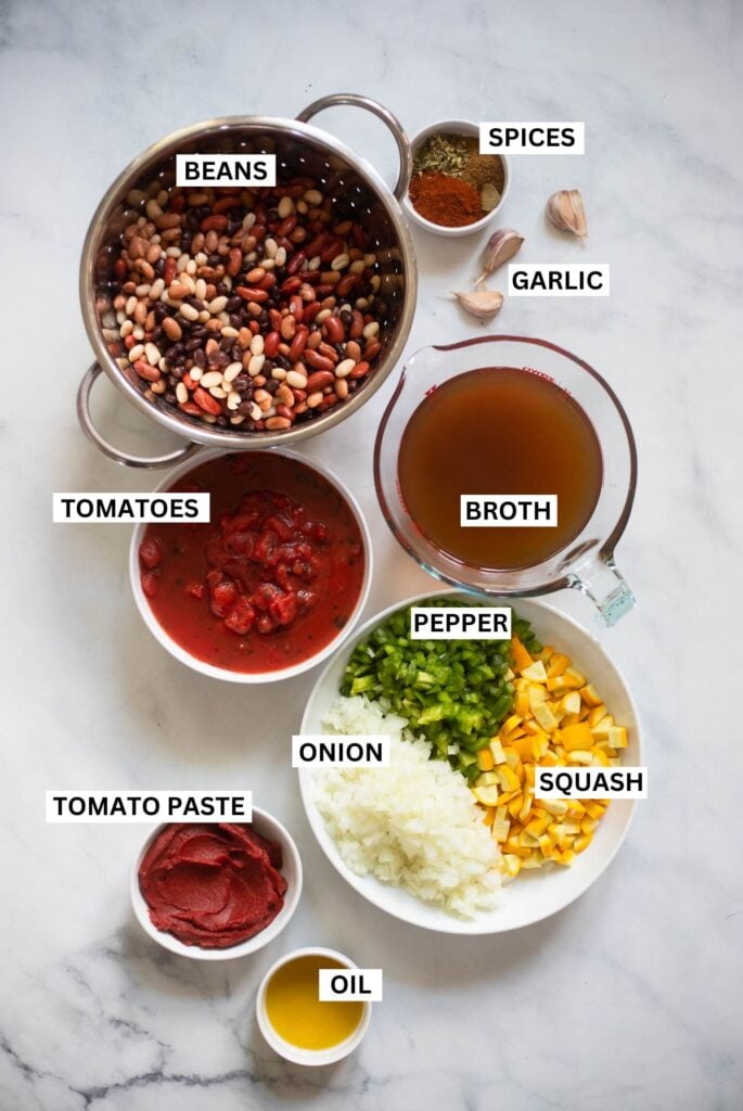 vegan slow cooker chili ingredients with labels.