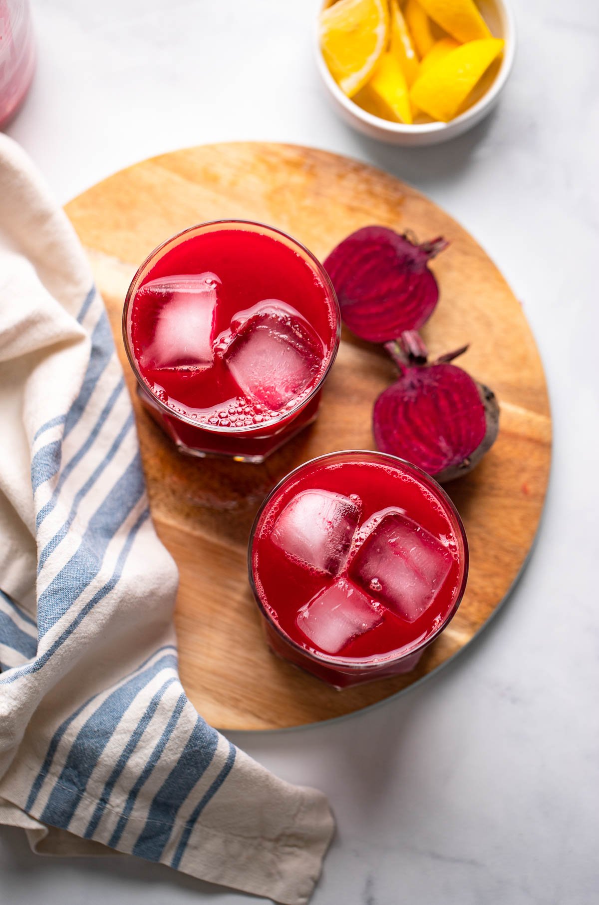 Blender beet juice in glasses with ice.