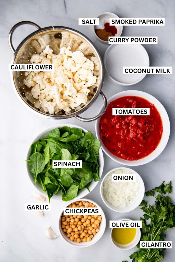 cauliflower stew with curry ingredients with labels.