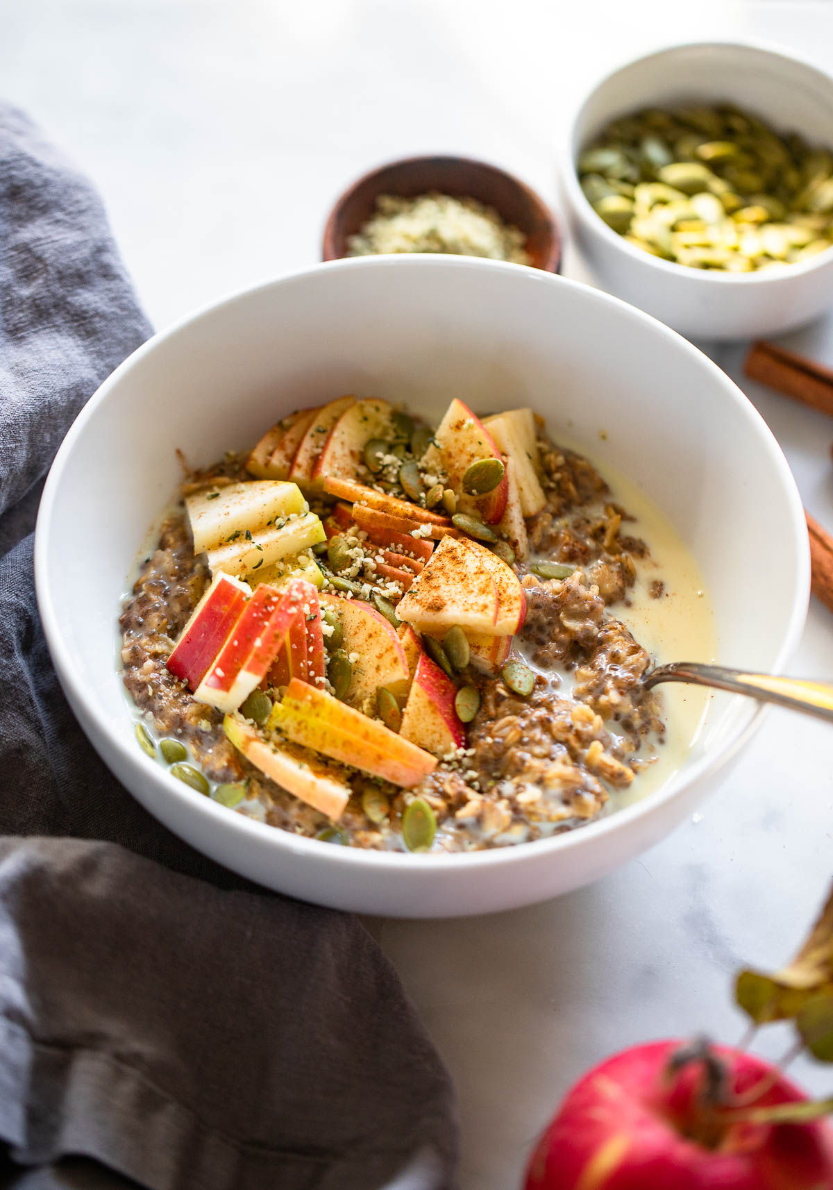 cinnamon oatmeal with apples and hemp hearts.