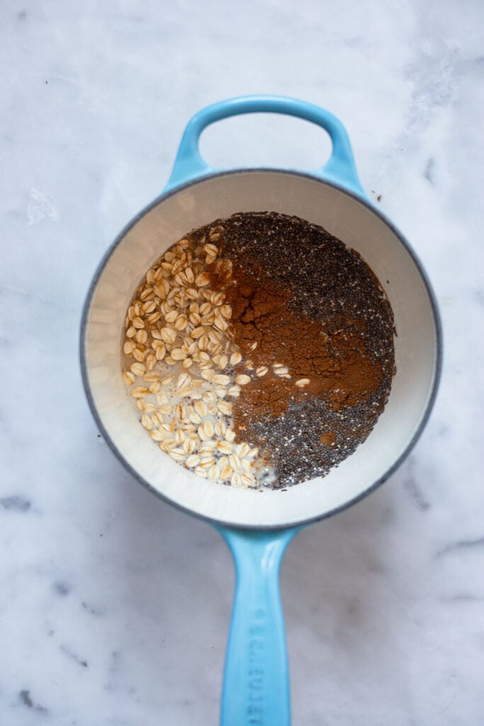 cinnamon oatmeal ingredients in saucepan before cooking.