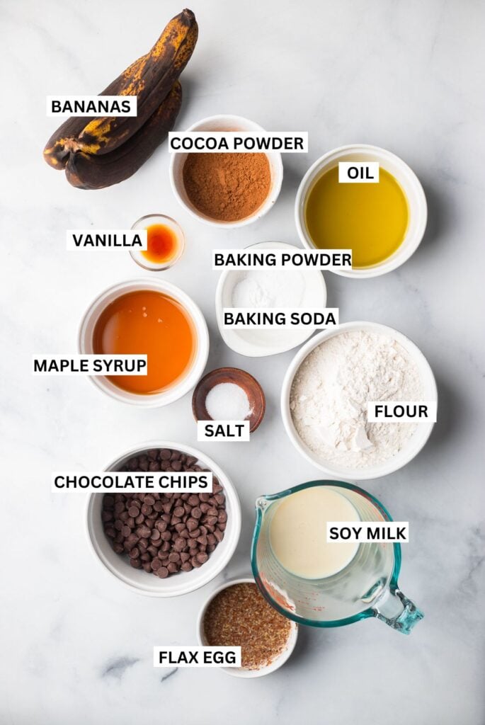 muffin ingredients in small bowls with labels. 