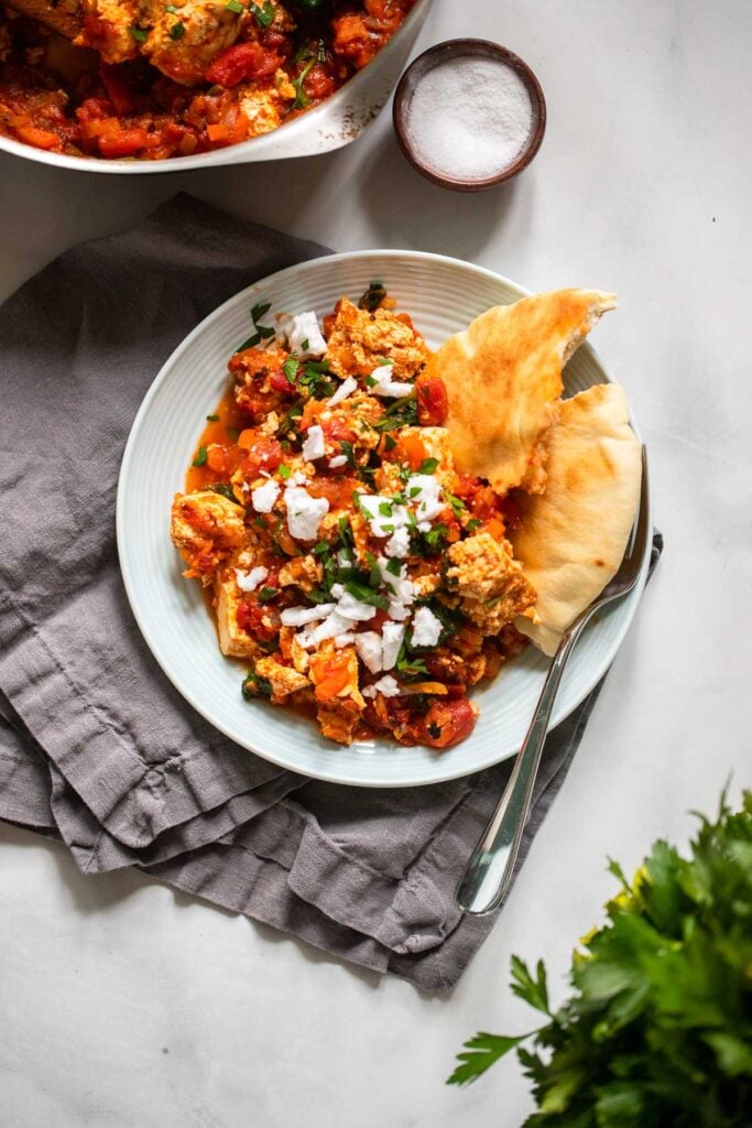 This vegan tofu shakshuka can be whipped up in one skillet from a can of tomatoes, spinach, a package of silken tofu, and spices like cumin and paprika. Serve it with some toasted pita for dipping and you have a delicious one pot meal. 