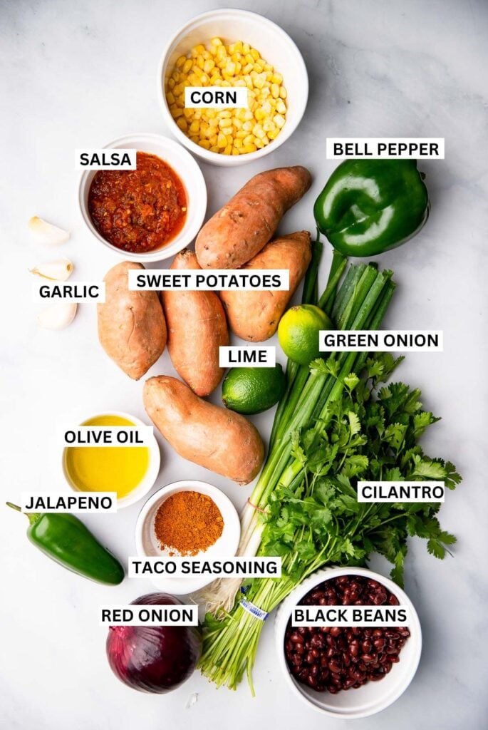 vegan loaded sweet potato ingredients with labels.