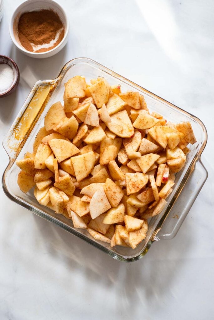Transfer apples to pan and bake for 10 minutes while you prepare topping. 