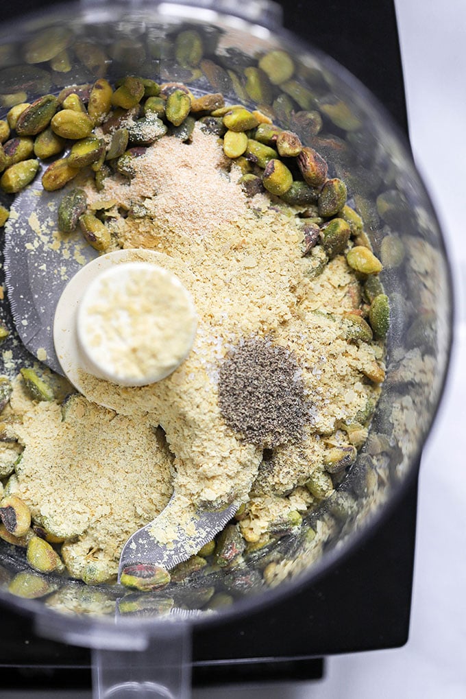 vegan parmesan ingredients in food processor before blending.