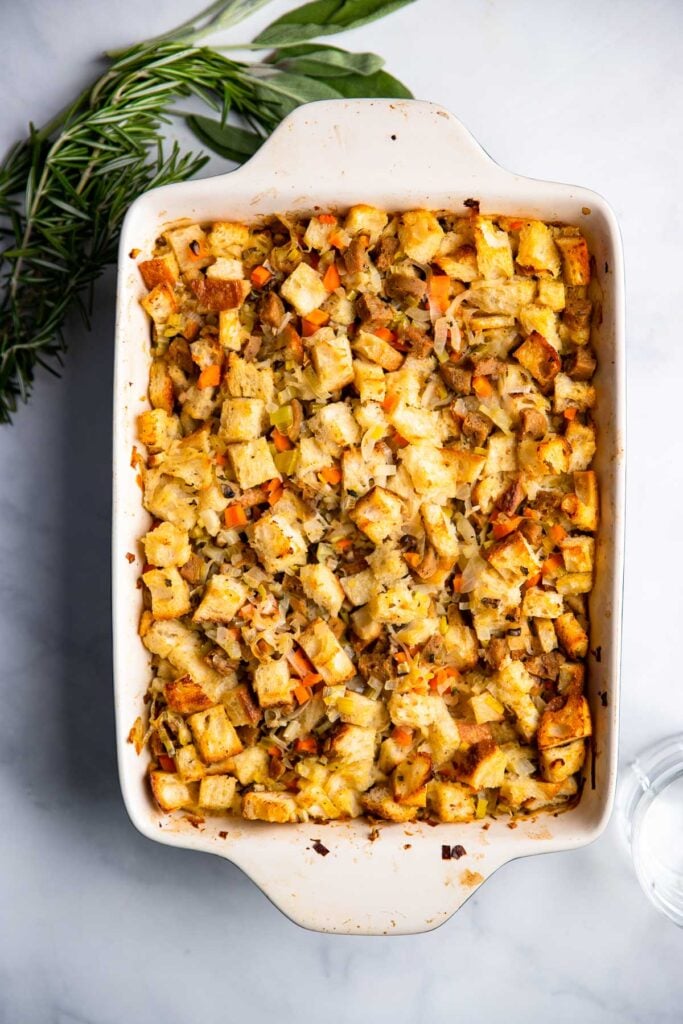 baked vegetarian stuffing in large casserole dish.