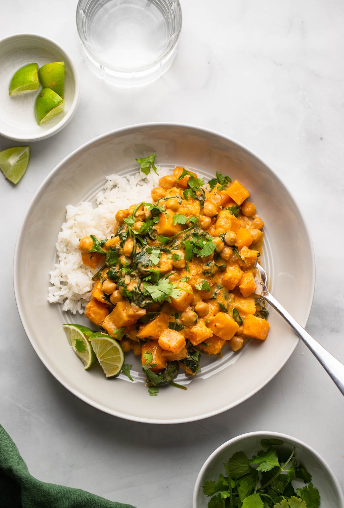 chickpea and butternut squash curry in shallow bowl garnished with cilantro.